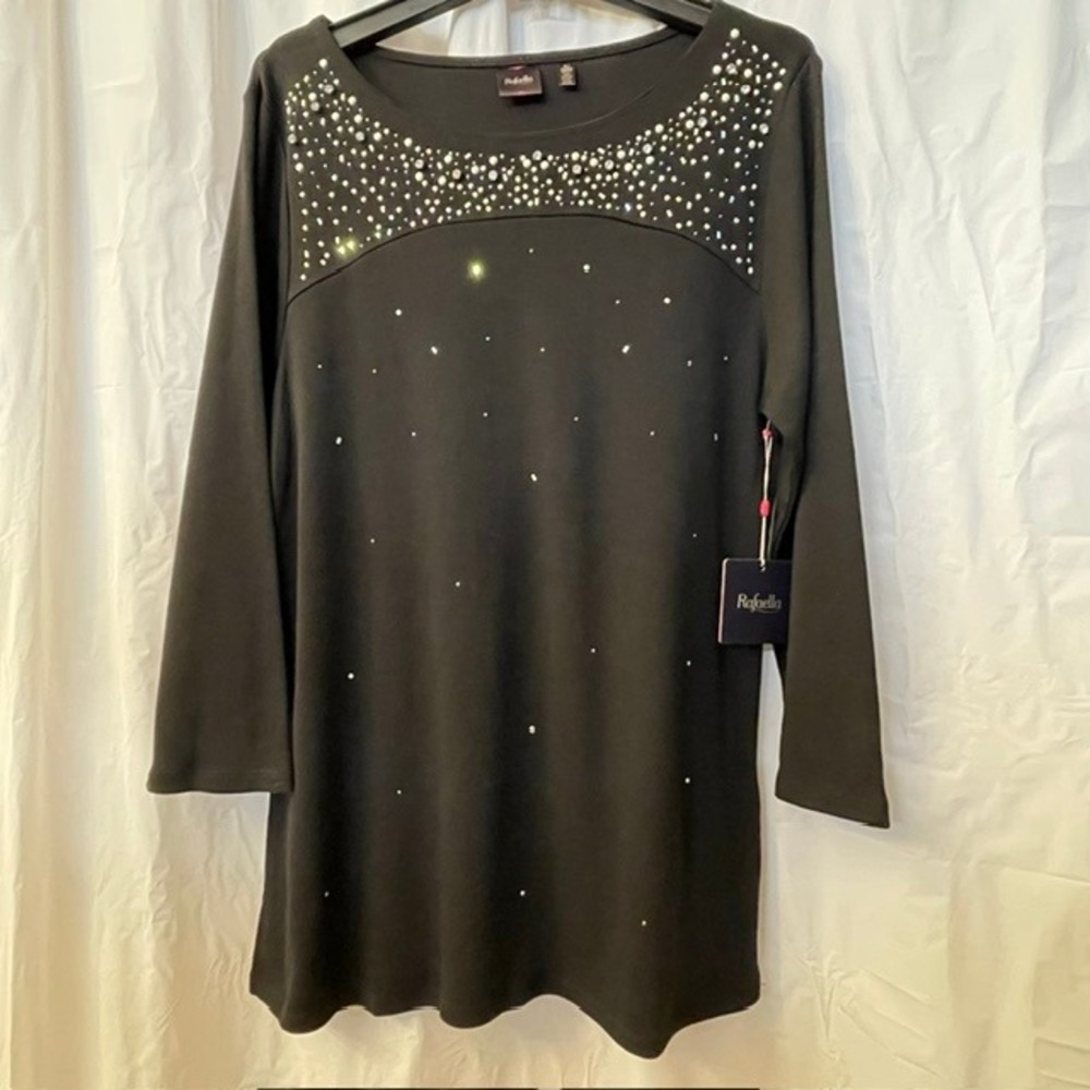 Rafaella Cotton Ribbed Knit Tunic Top Embellished Pearls Rhinestones XL NWT